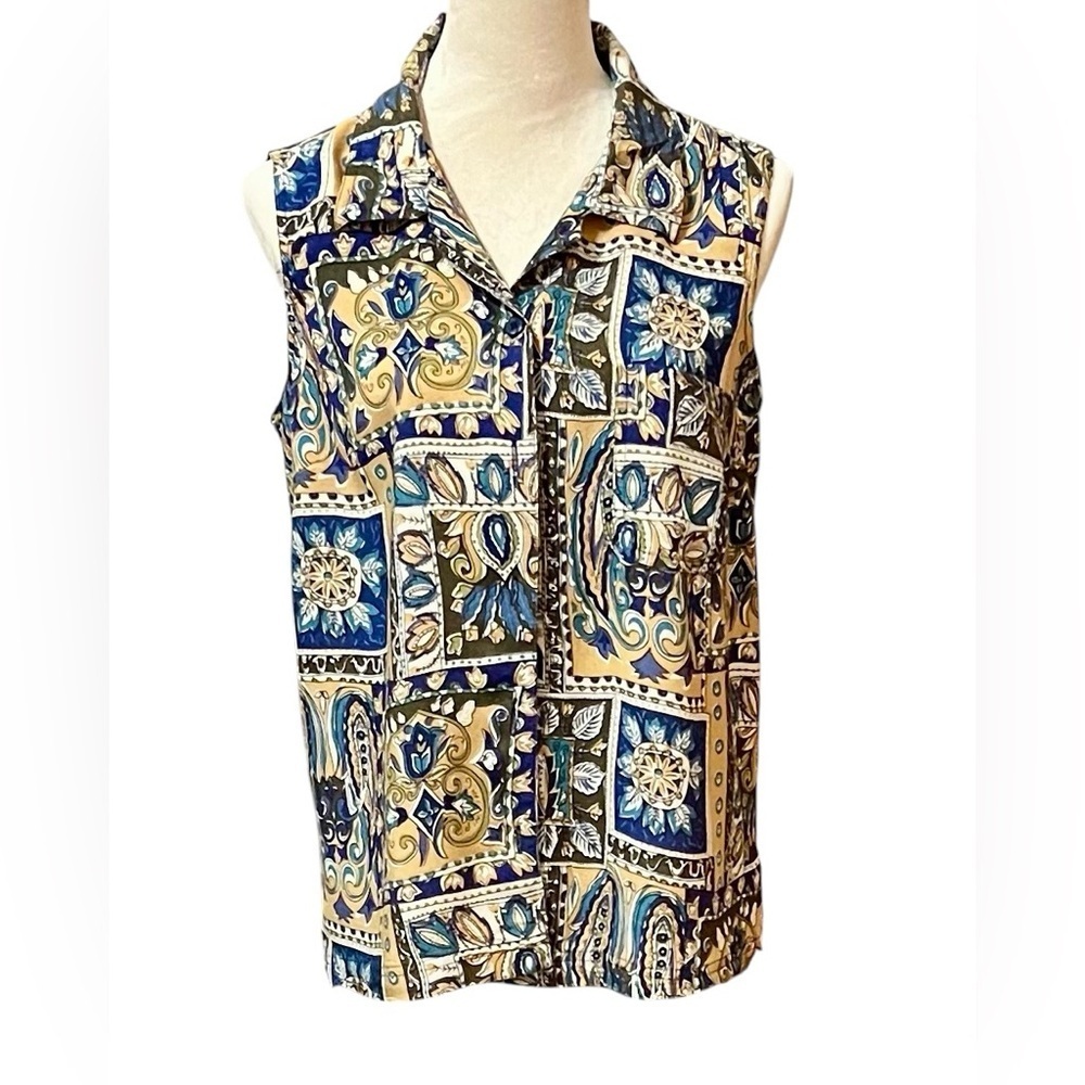 Rebecca Malone Womens Blouse L Blue And Gold Floral Print Rayon